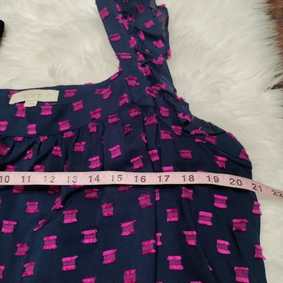 LOFT Navy Blue/Pink Clip Ruffle Square Neck Ruffle Sleeve Festival Top Size L - Picture 9 of 12